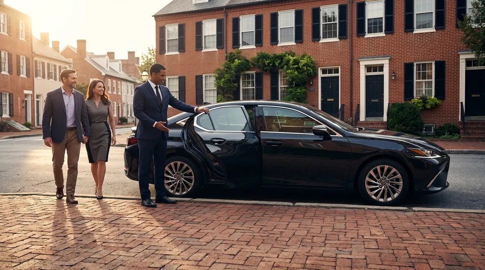 Chauffeur holding the rear door of a black Lexus sedan for a couple on a brick street in Annapolis