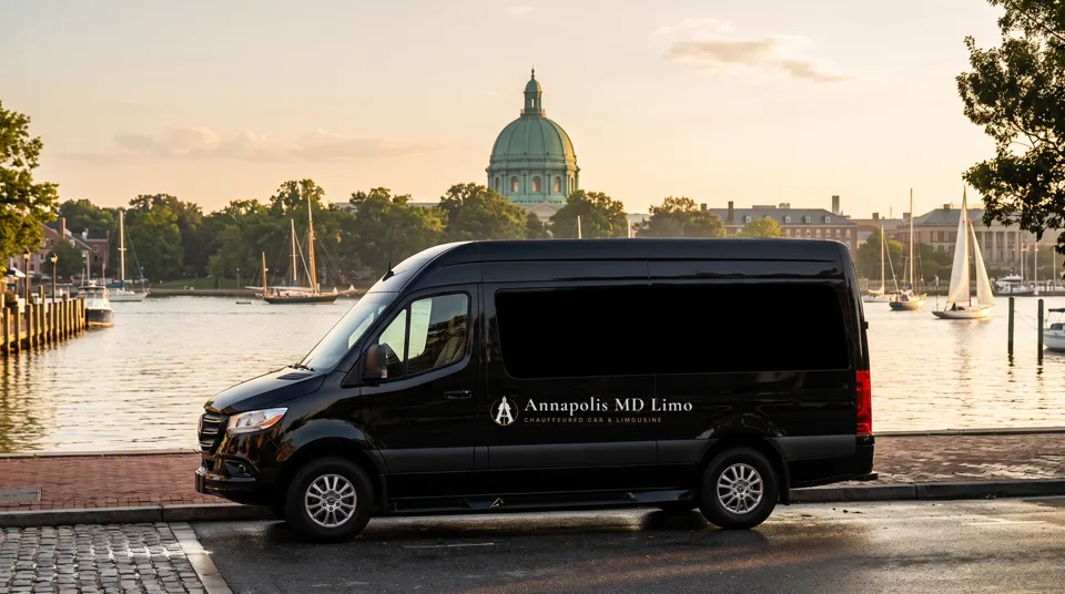 Black Annapolis MD Limo Sprinter van parked across the water from the Naval Academy Chapel dome