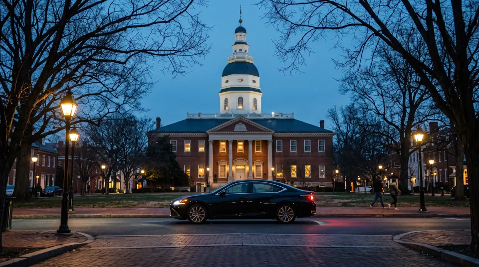 Black Lexus sedan driving past the Maryland State House at dusk